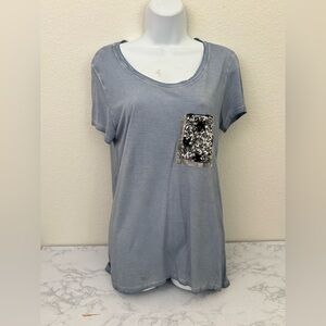 INC International Sz M Short Sleeve Pullover Top Blue Sequin Pocket Stars